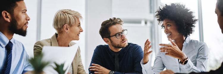 Group of business people talking at a meeting